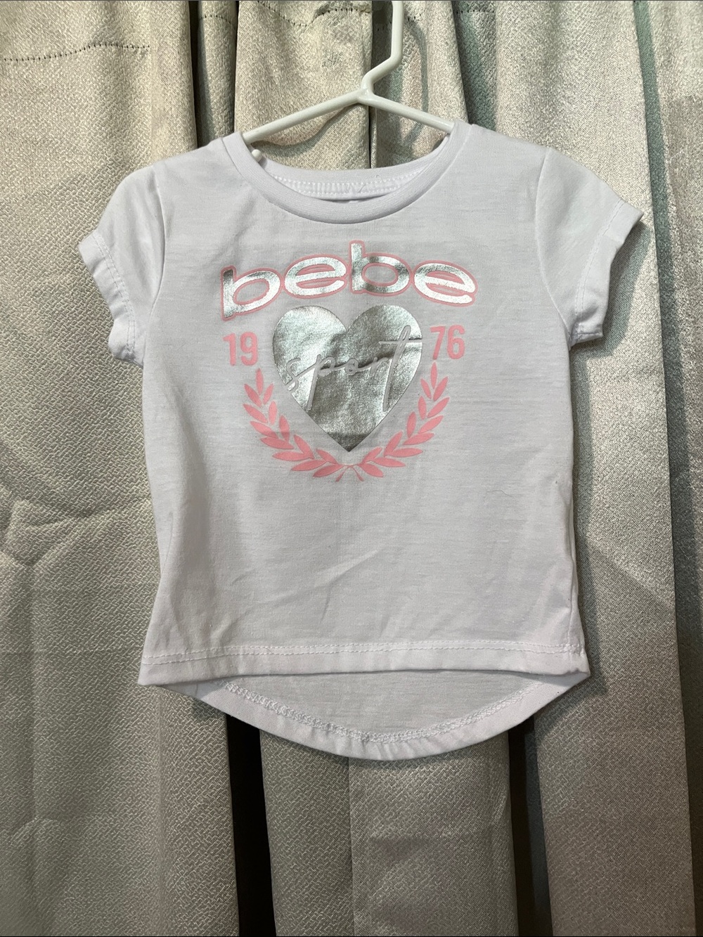 bebe White Tee with Pink & Silver Heart Logo